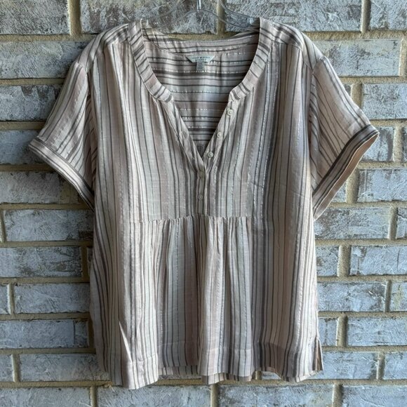 Lucky Brand Short Sleeve Split V-Neck Striped Boho Blouse Women's Size L - Picture 1 of 7